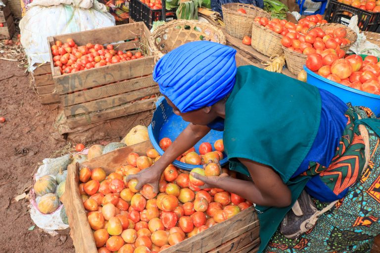 A market vendor displaying tomatoes sourced from the ENABLE-TAAT horticulture cluster in Uganda