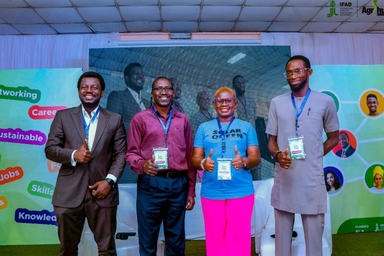 A group photograph of some of the panellists (L-R): Business Development Officers at the IITA Youth in Agribusiness Office (IYA), Mr. Oyelekan Oyeniyi and Mr. Idowu Osun; COO of Ashdam Solar Company, Ms. Damilola Asalaye; and Lead of Soiless Farm Lab, Mr. Samson Ogbole, following a panel discussion