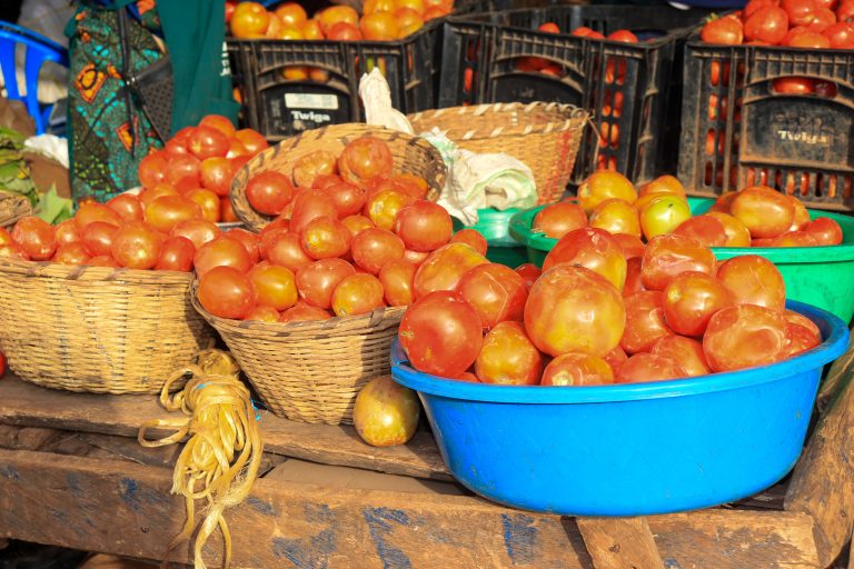 Fresh tomatoes on display at the local market, increasing food availability in the region