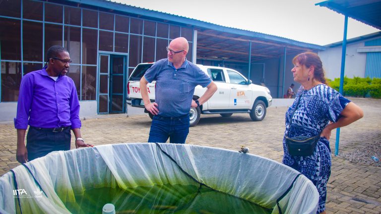 L-R: Business Development Officer, IITA Youth in Agribusiness (IYA) Office, Mr Idowu Osun; Mr Snorri Sigurdsson and Ms Sanne Chipeta at the IYA Aquaculture Facility at the Ibadan station.